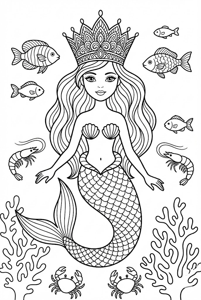 Tô màu Nàng Tiên Cá Đội Vương Miện