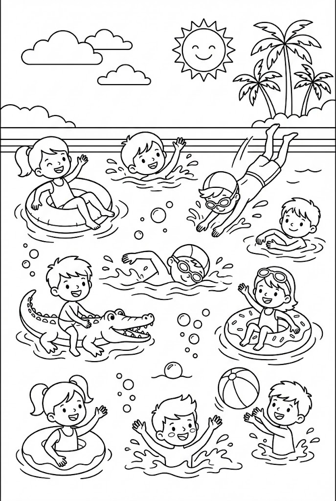 Tô màu Những Đứa Trẻ Bơi Lội