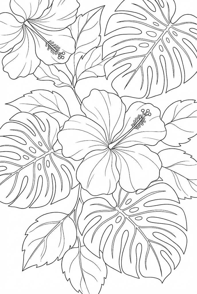 Tô màu hoa bụp giấm và lá cây monstera