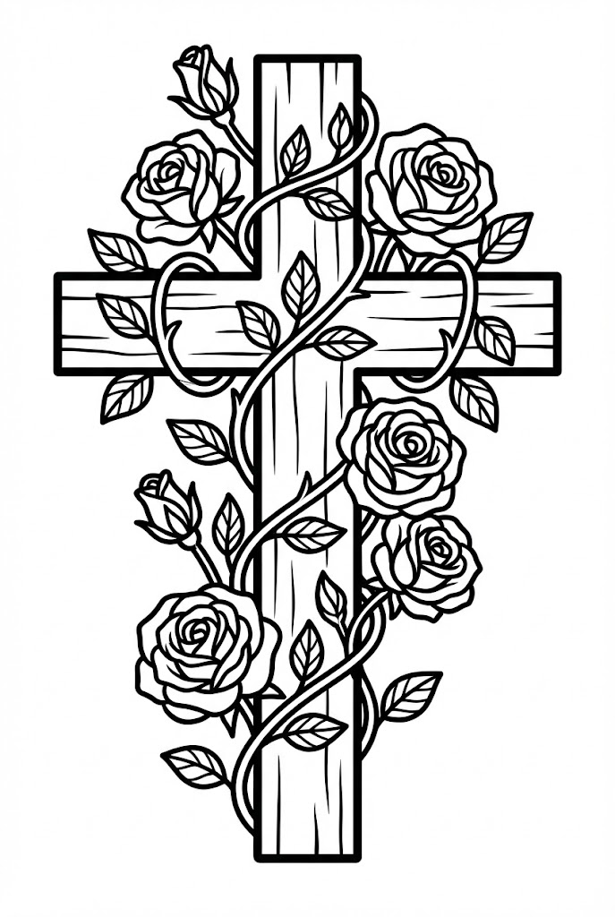 Tô màu hoa hồng và cây thập giá