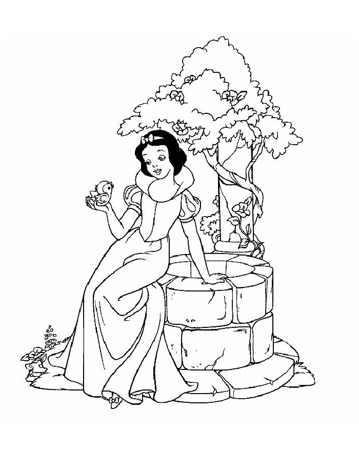 Tô màu bạch tuyết ngồi bên giếng dễ thương cho bé