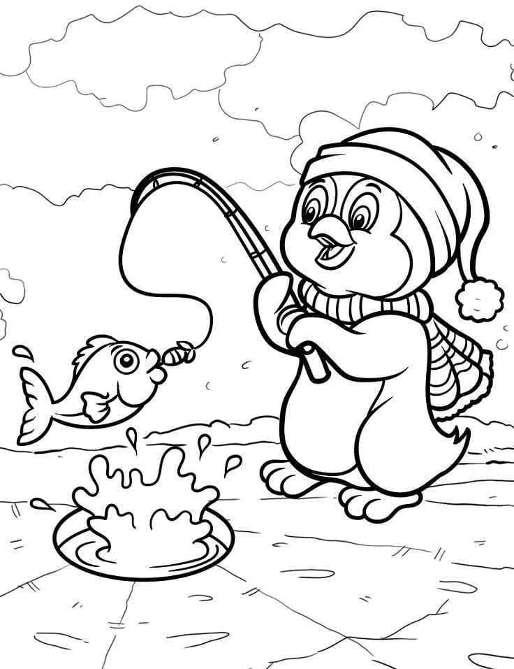 Tô màu Chim Cánh Cụt Bắt Cá cho bé tập tô