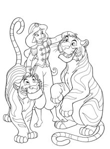 Tô màu Công Chúa Jasmine Và 2 Con Hổ dễ thương cho bé