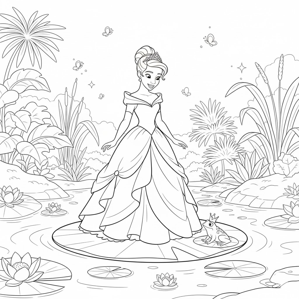 Tô màu Công Chúa Tiana Trên Đầm Nước cho bé tập tô