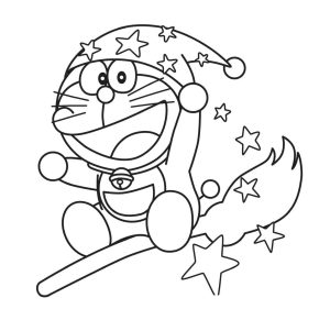 Tô màu Doremon Cưỡi Chổi cho bé tập tô