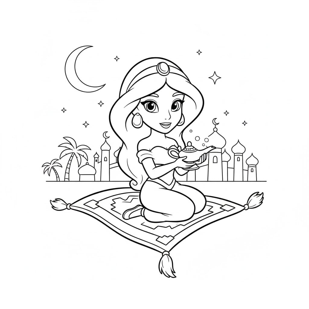 Tô màu Jasmine Và Cây Đèn Thần dễ thương cho bé