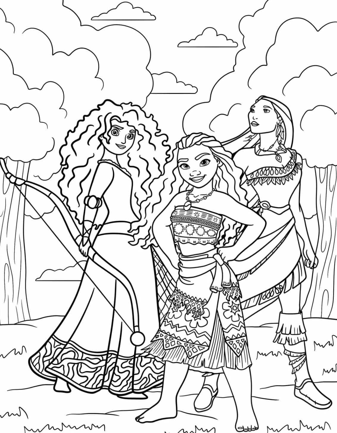 Tô màu Merida Với Moana Và Pocahontas