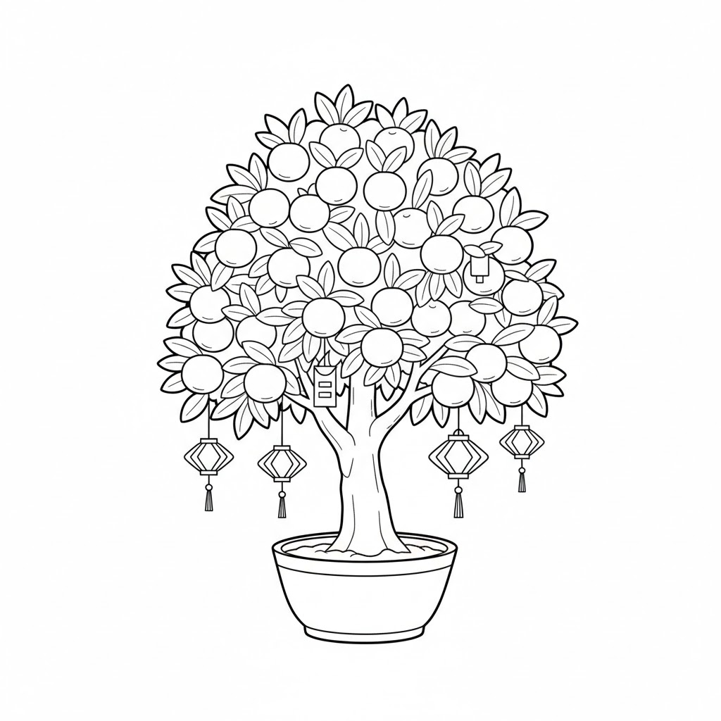 Bộ tranh tô màu cây quất ngày Tết sai trĩu quả