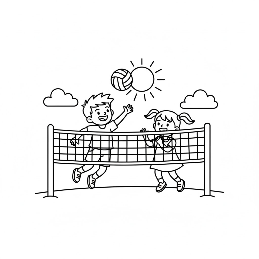 Tô màu Bé Trai Và Bé Gái Chơi Bóng Chuyền