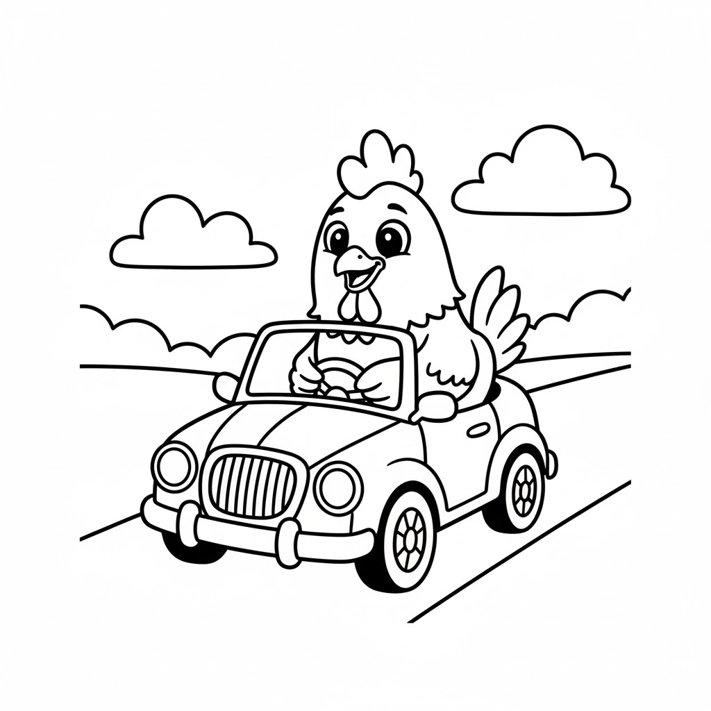 Tô màu Con Gà Đi Xe Ô Tô