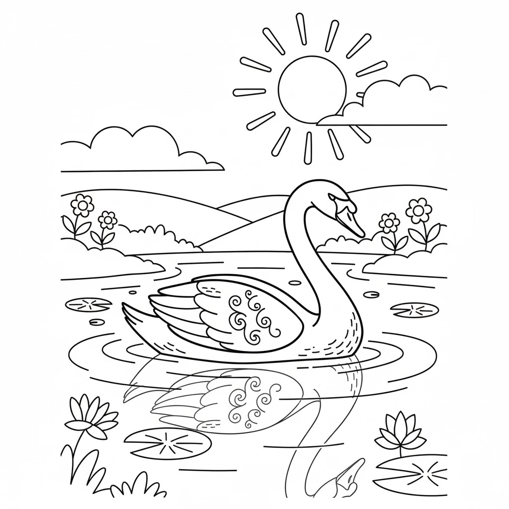 Tô màu Con Thiên Nga bơi Trong Hồ