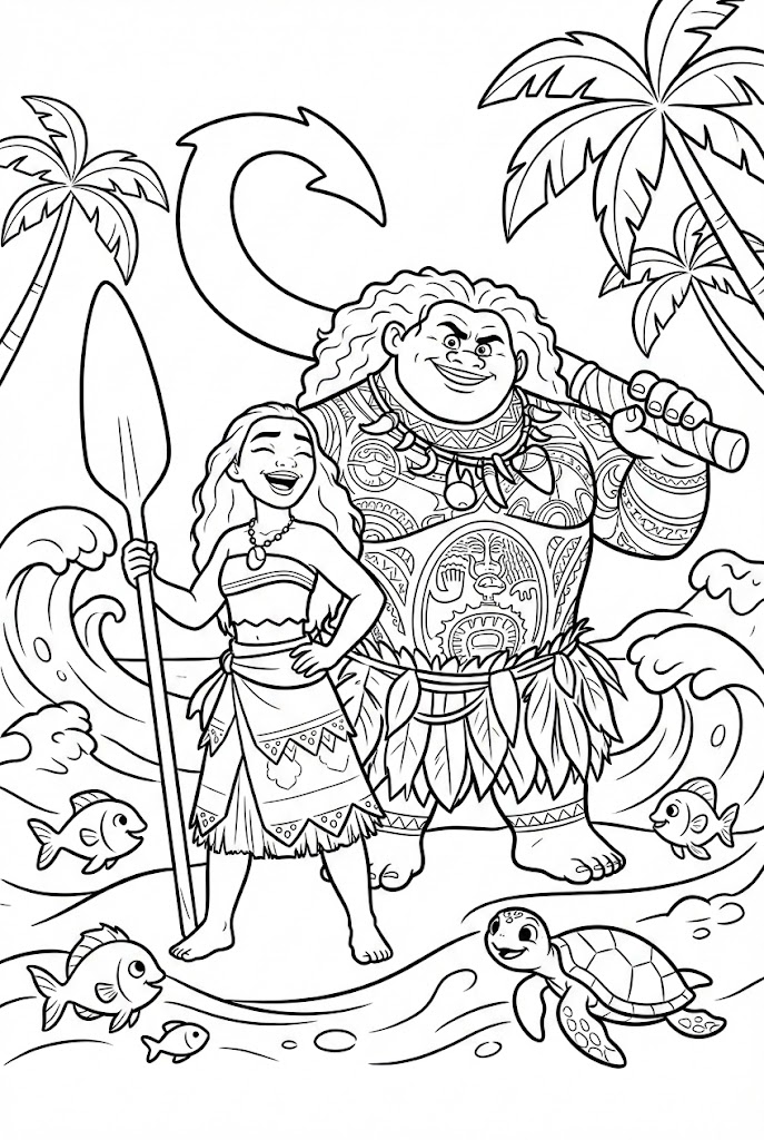 Tô màu Moana Và Maui Vui Vẻ