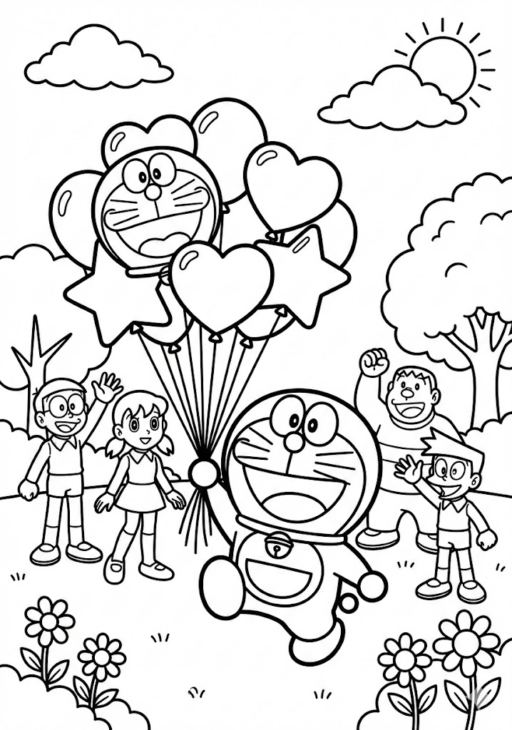 Tô màu doraemon với quả bóng bay