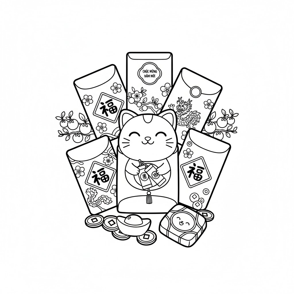 Tranh tô màu Bao Lì Xì Tết Cực Cute