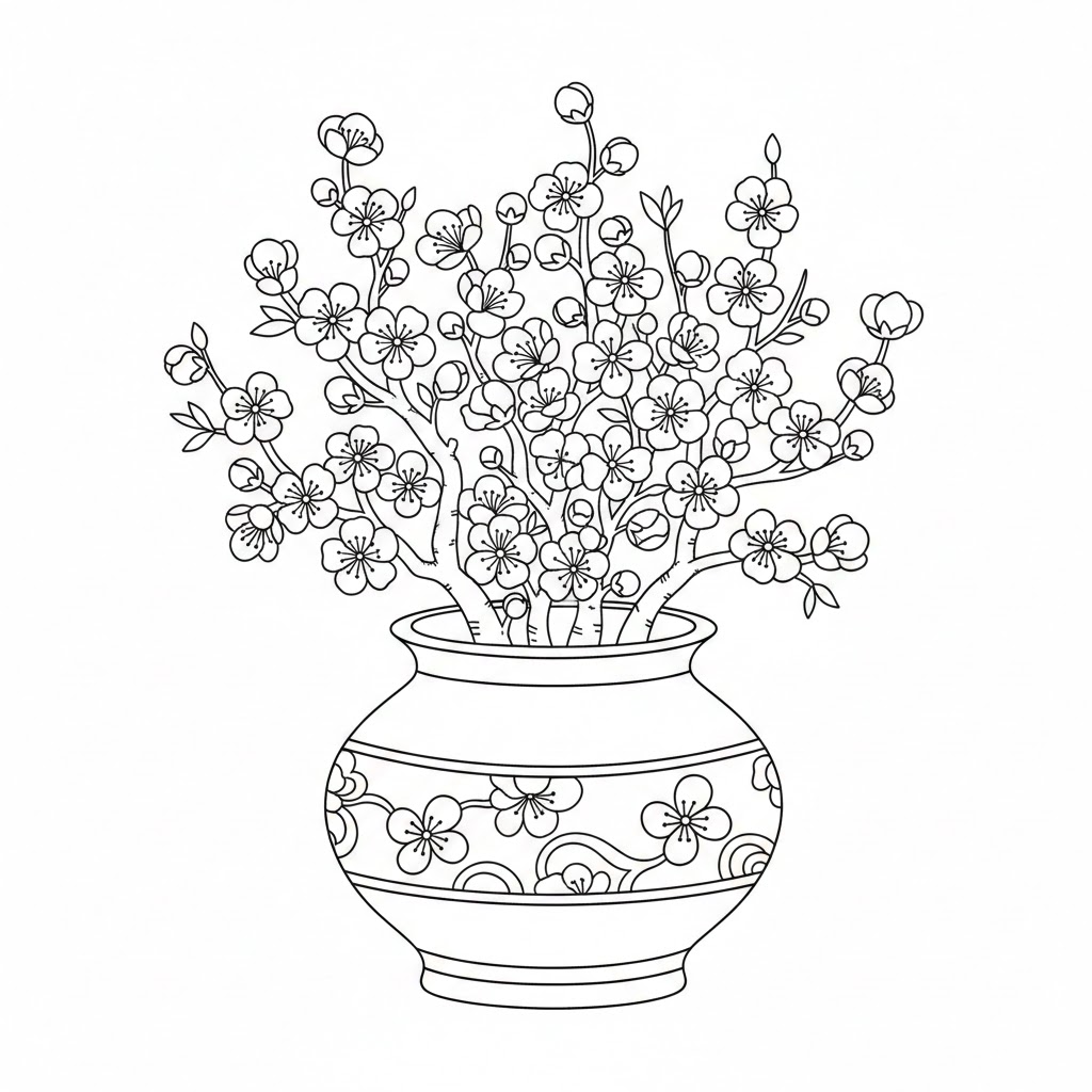 Tranh tô màu Cành Đào Phai Khoe Sắc Xuân