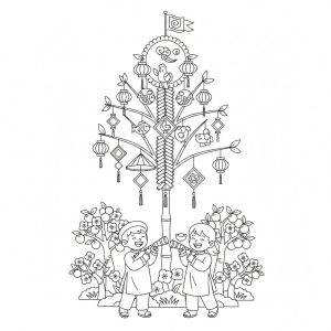 Tranh tô màu Cây Nêu Ngày Tết