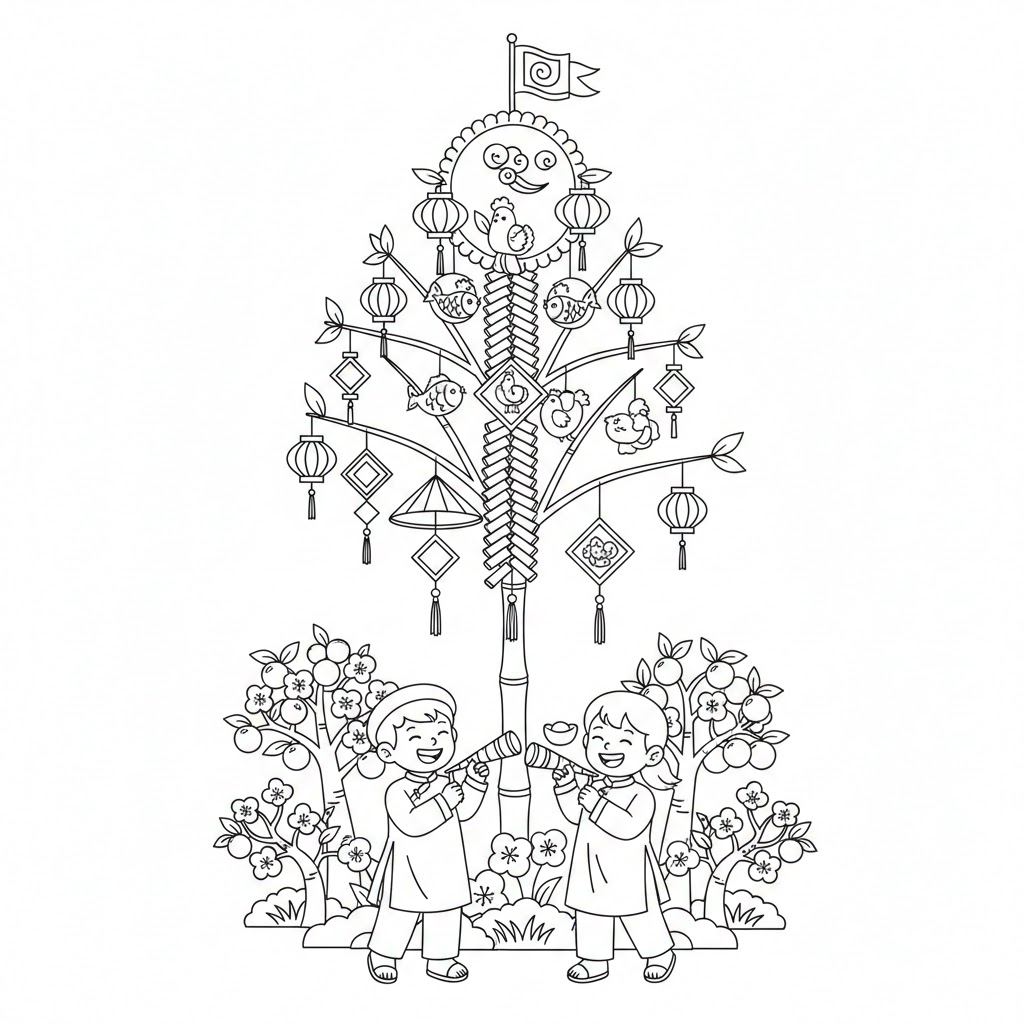 Tổng hợp Tranh Tô Màu Ngày Tết 2026 Đẹp Nhất & Ý Nghĩa Cho Bé 5 Tranh tô màu Cây Nêu Ngày Tết