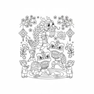 Tranh tô màu Múa Lân Sư Rồng Vui Nhộn