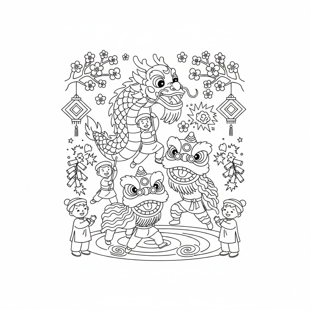 Tranh tô màu Múa Lân Sư Rồng Vui Nhộn