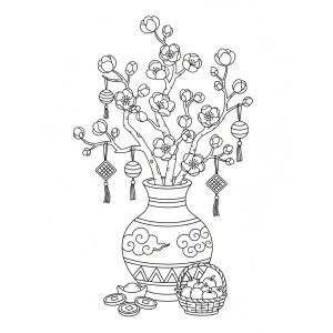 Tranh tô màu Nụ Tầm Xuân Và Bình Hoa Tết