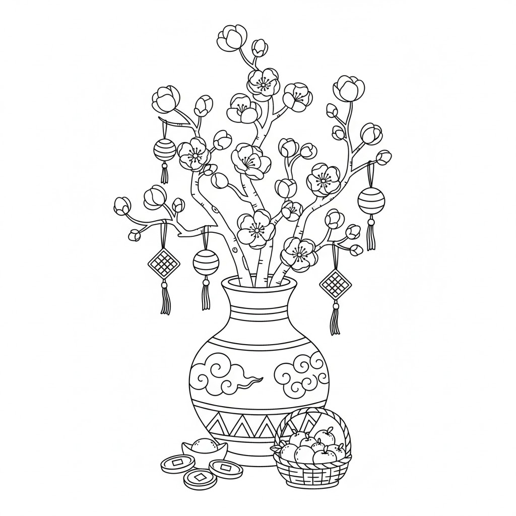 Tranh tô màu Nụ Tầm Xuân Và Bình Hoa Tết