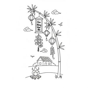 Tranh tô màu cây nêu ngày Tết cổ truyền Việt Nam