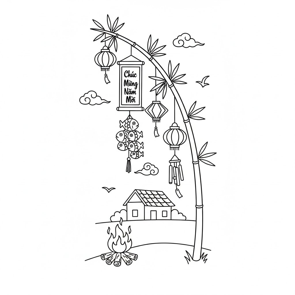 Tranh tô màu cây nêu ngày Tết cổ truyền Việt Nam
