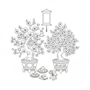 Tranh tô màu hoa mai hoa đào ngày Tết đẹp