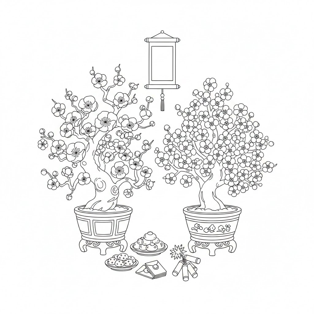 Tranh tô màu hoa mai hoa đào ngày Tết đẹp