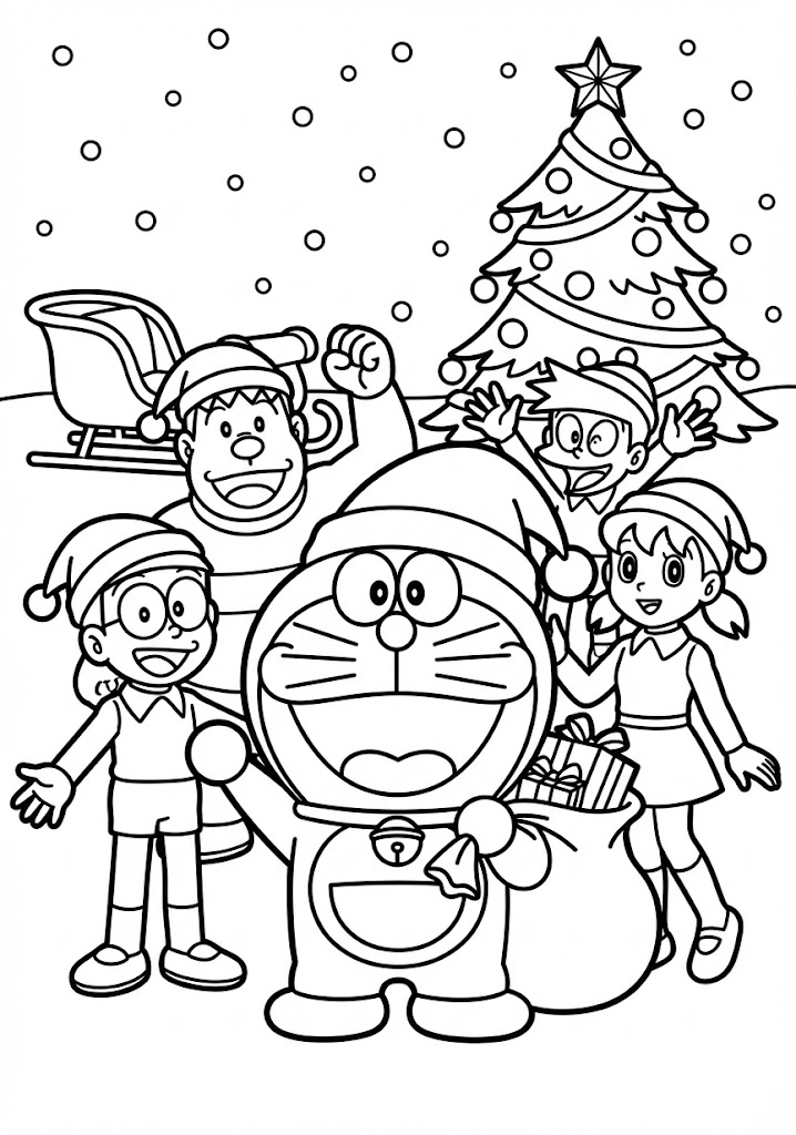 Tô màu doraemon vào lễ giáng sinh cho bé tập tô