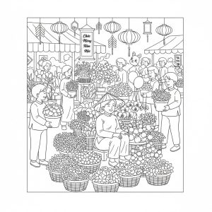 tô màu chợ hoa ngày Tết nhộn nhịp