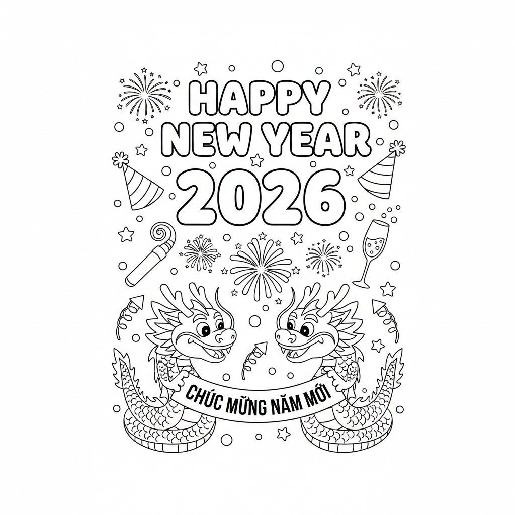 tô màu chúc mừng năm mới 2026 sắc nét